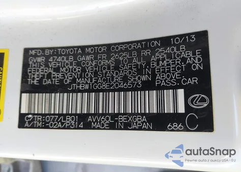 2014 Lexus Es 300H from USA, damaged, VIN JTHBW1GG8E2046573